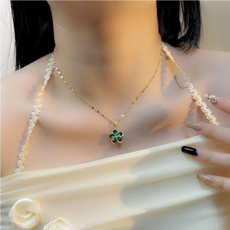 Stainless Steel Green Zircon Flowers Pendant Necklace For Women New Luxury Girls Lucky Chain Birthday Jewelry Gifts image 2