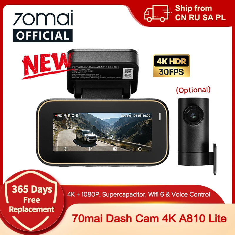 70mai Dash Cam A810 Lite 4K HDR + 1080P, Supercapacitor 4G LTE Remote Control Wi-Fi 6 GPS 