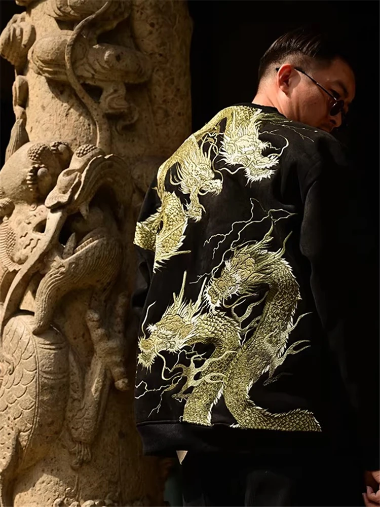 Men Boys Casual Suede Fabric 8 Dragon King Heavy Work Embroidered Sweatshirt Sweater Thicker Tops Sukajan Streetwear Vintage