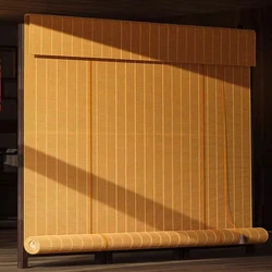 Roller Blind Blackout with Drilling Sunshade, Bamboo Shading Curtain, Wood Shutter, Tea Room, Balcony