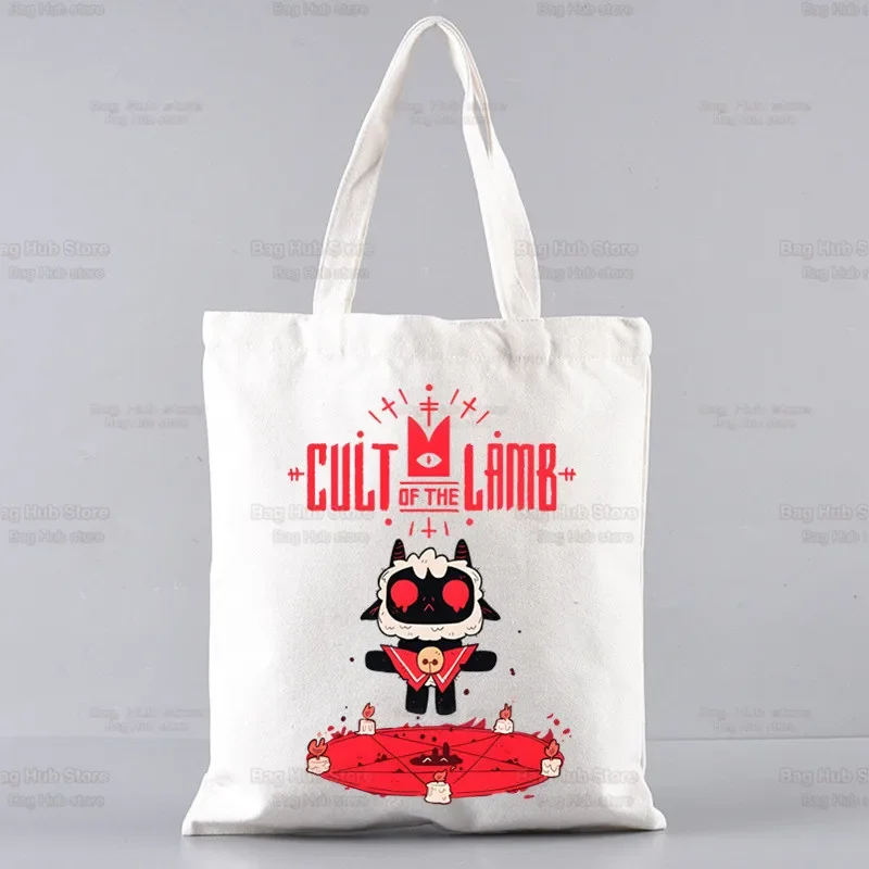 

Cartoon Cult of The Lamb Shopping Bag Handbag Bolsas De Tela Tote Bolsa Cartoon Video Game Shopping Bag Jute Tote Fabric Custom