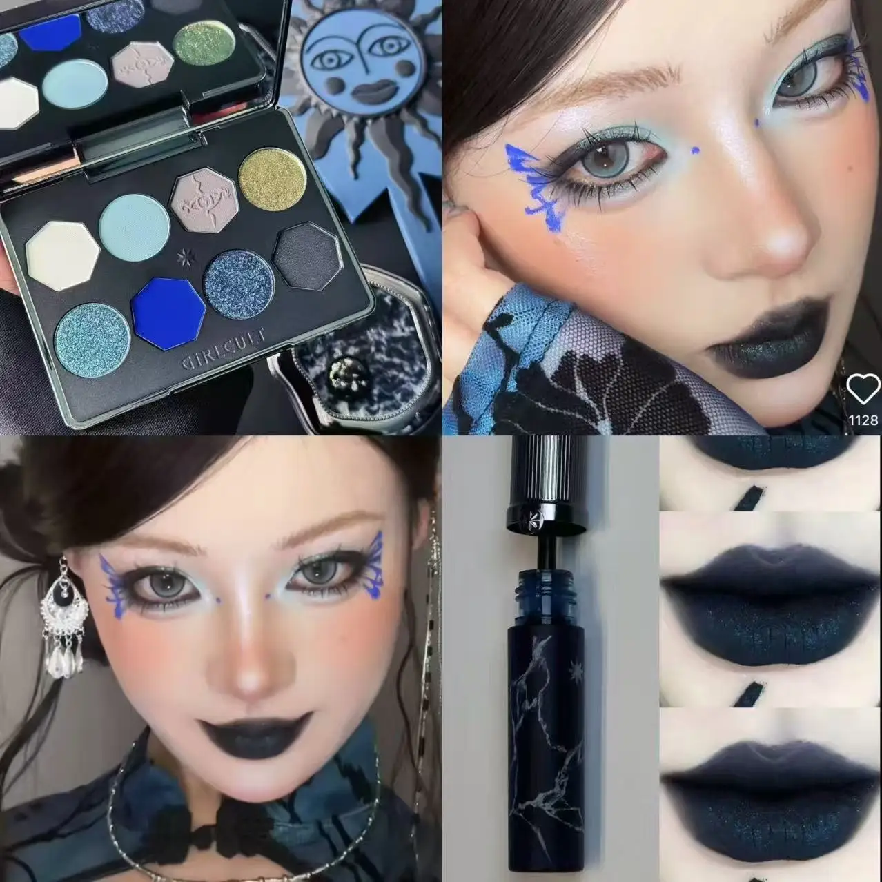 Girlcult paleta de sombra conjunto brilho labial azul smokey escuro punk fosco iluminador glitter diversão halloween cosplay kit maquiagem