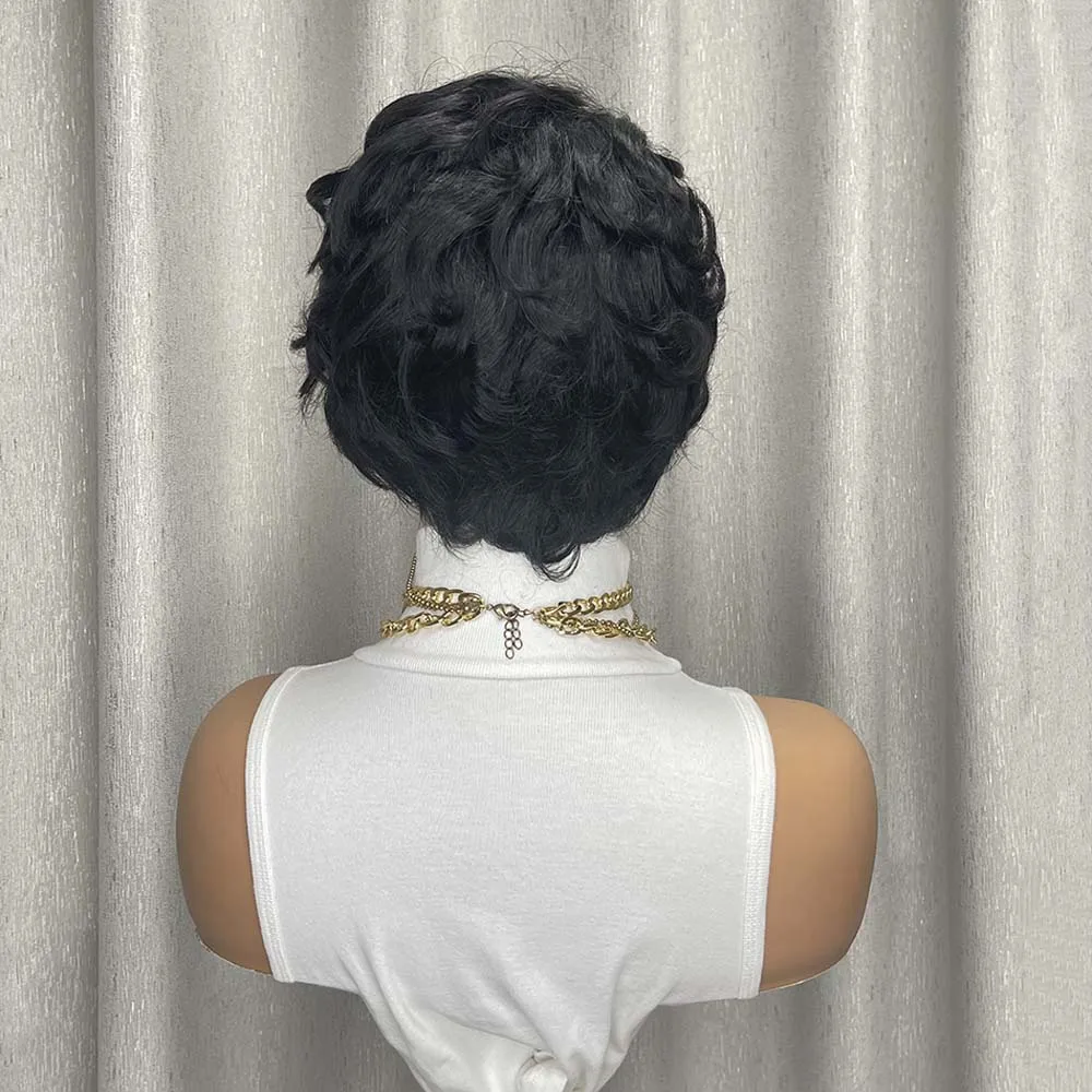 흑인 여성용 픽시컷 가발, 앞머리 있는 짧은 레이어드 가발, 자연스러운 검정색 인모 기계식 가발, 데일리용
