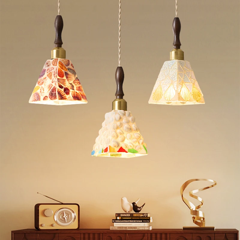 Retro Glass Shell Creative Design LED Pendant Light Bedroom Bedside Corridor Entryway Indoor Lighting Chandelier Room Decor