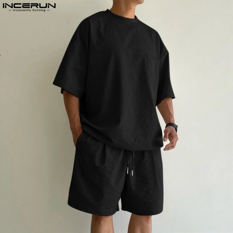 INCERUN 2024 Korean Style Men's Sets Thin Texture Breathable Short Sleeved Tops Shorts Casual Street Solid Two-piece Sets S-5XL