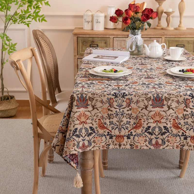 Cotton Linen Flower Tablecloth, Elegant and Retro Rectangle Dust-proof Cover For Tea Table Wedding Party Dining Room Decor