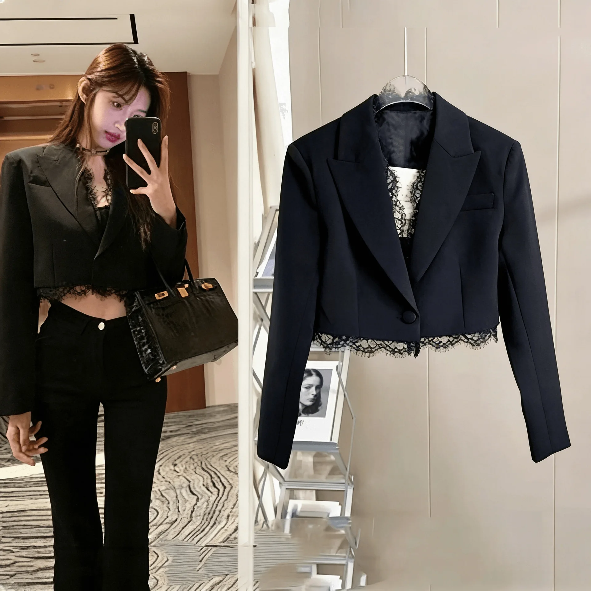 

Black Short Lace Trimmed Heavy Work Suit Jacket for Women Polyester Thickened Spring Fashion Ladies Premium Online Exclusive