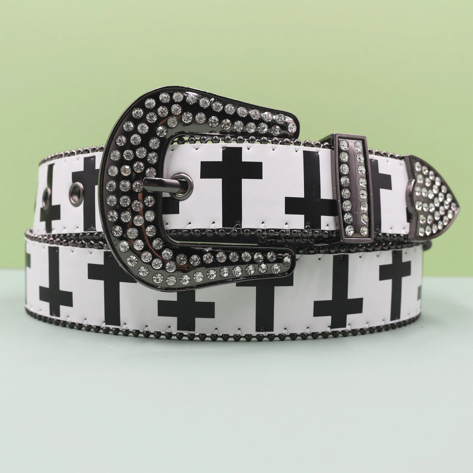 حزام حجر الراين الأبيض عبر طباعة مصمم أحزمة للرجال النساء حزام أسود حزام متعدد الألوان مع أحجار الراين اللامعة كهدية #3