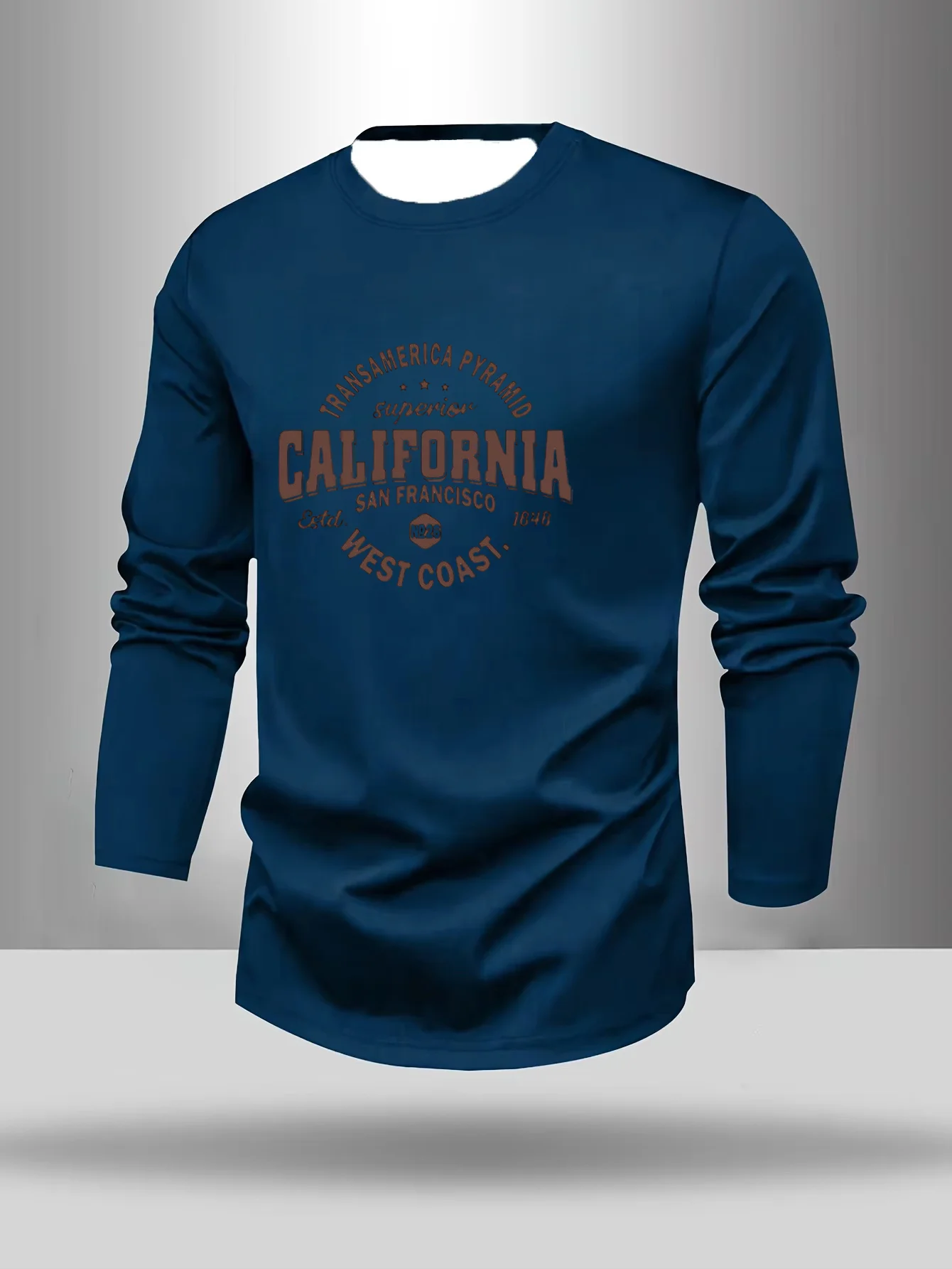 2026 الرجال الأساسية عادية اليومية تنوعا الرياضة فضفاضة تناسب كاليفورنيا الساحل الغربي مطبوعة الجولة الرقبة طويلة الأكمام تي شيرت #4