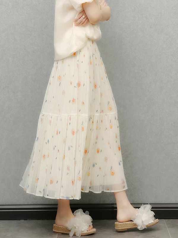 

Двусторонняя женская юбка с цветочным принтом, сетчатая плиссированная юбка, длинная юбка феи, весна-лето, новинка 2023 года, женская одежда