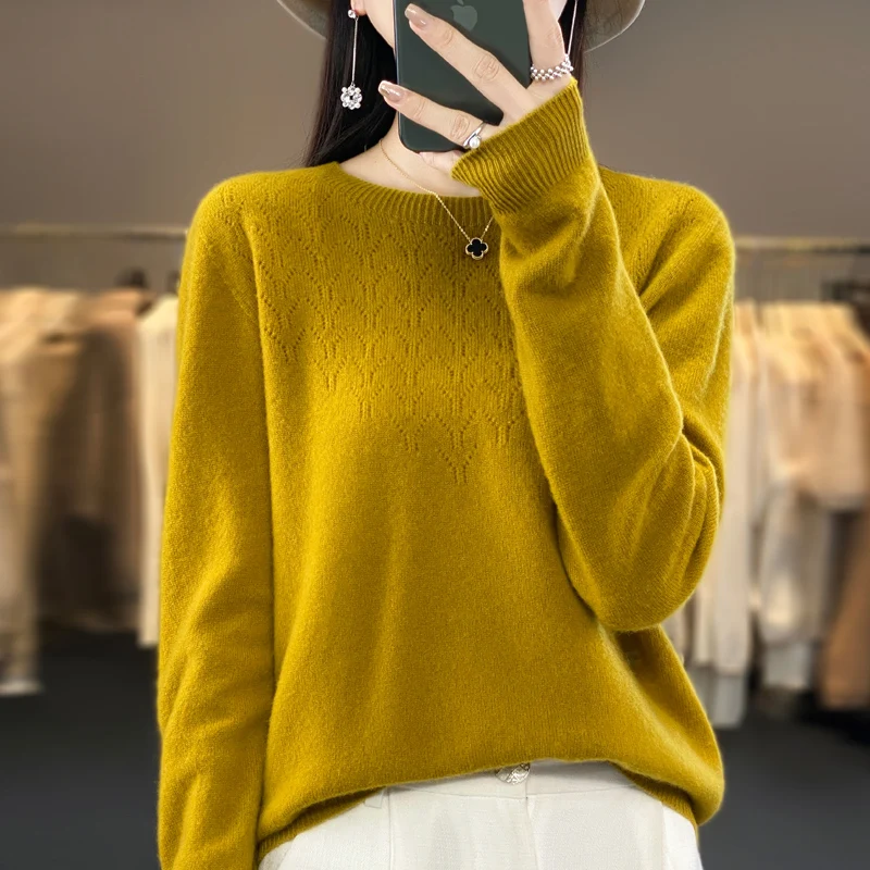 Women\'s pullovers Spring/Autumn new 100% pure wool sweater casual knitted sweater loose hollow bottom Blouse round neck Tops