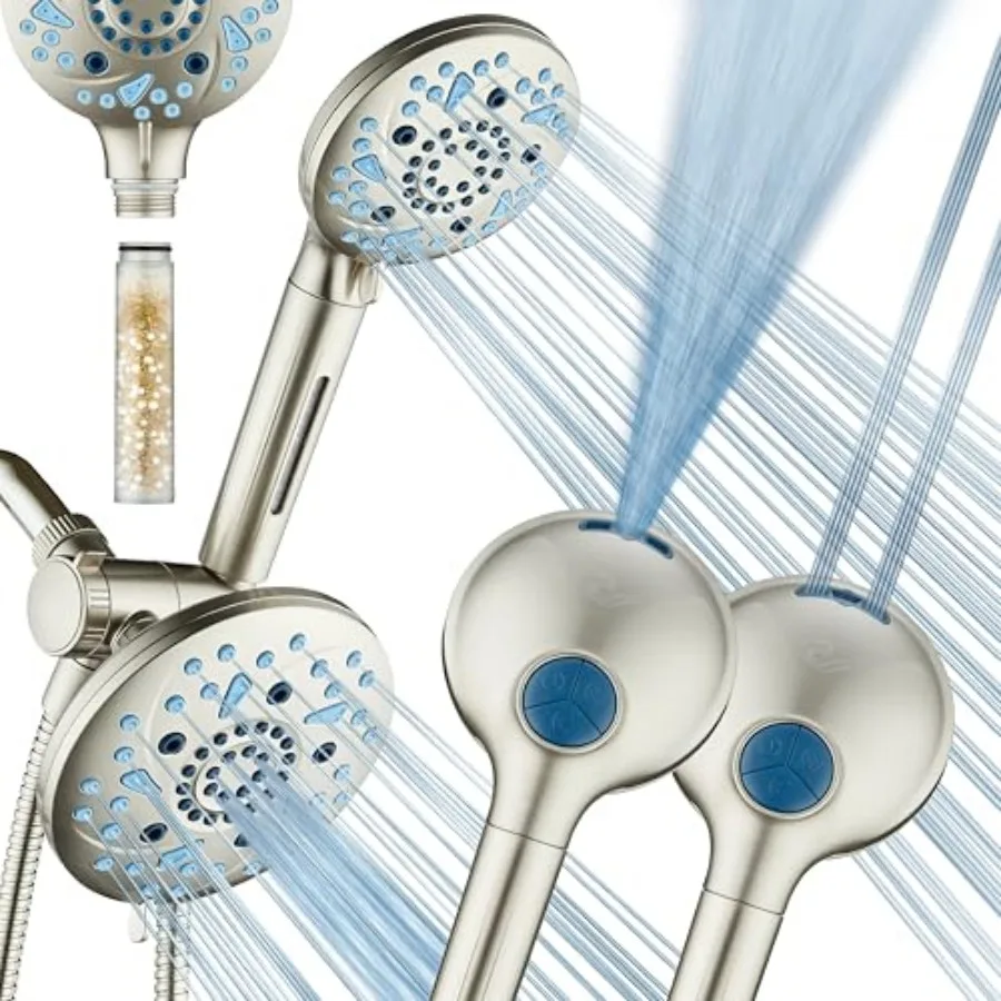 

AquaCare High Pressure 6-way Dual Shower Head Combo with Built-in Filter and Power Wash - Clean Tub, Tile and Pets. Remove Chlo