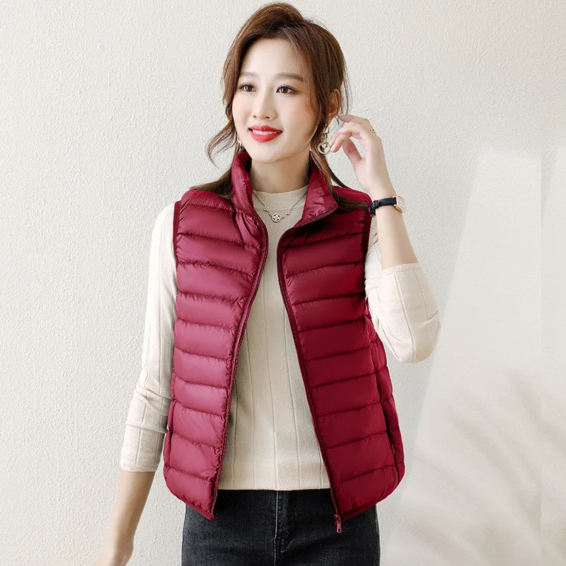 겨울용 초경량 90% 화이트 덕다운 베스트 코트 여성용 따뜻한 다운 조끼 재킷 여성 스탠드 칼라 슬리브리스 숏 탱크탑