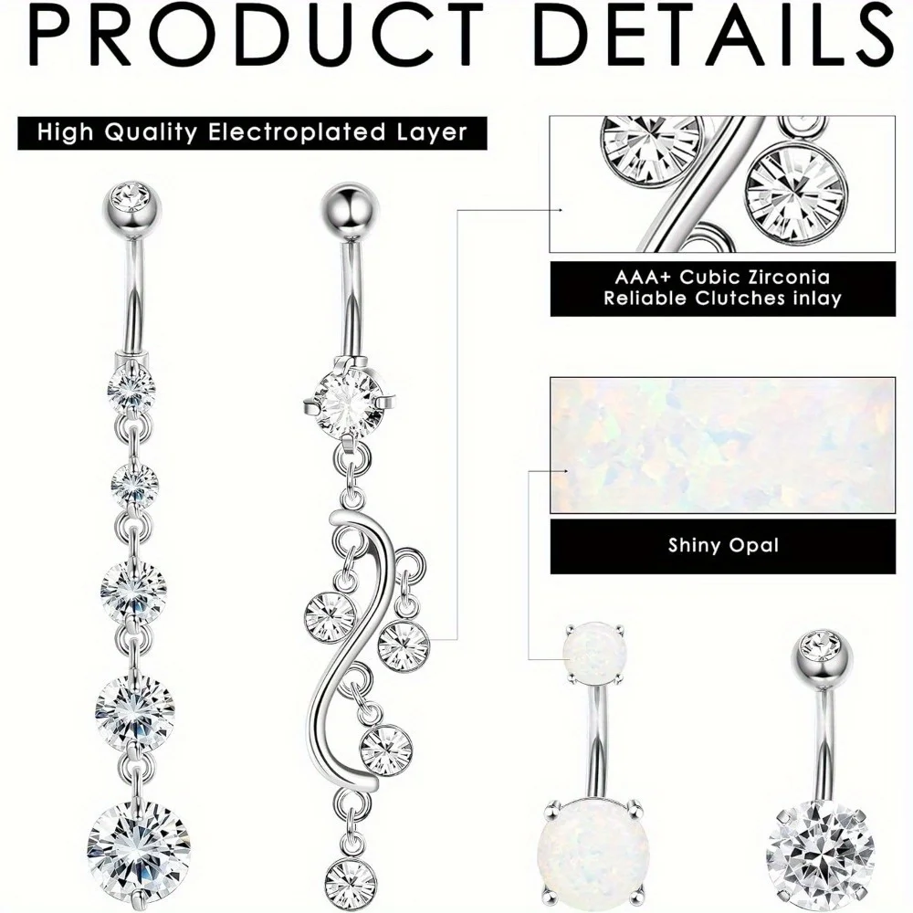 Diamday 1Pcs 316L Stainless Steel 14G Dangle Belly Button Rings Heart CZ Belly Rings Dangle Navel Barbell Body Piercing Jewelry