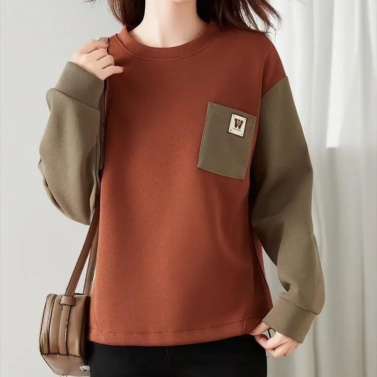 Casual and Trendy Color Blocking Autumn Oversized Loose Patchwork Pocket Women Loose Reducing Age Round NeckLong Sleeve Hoodies