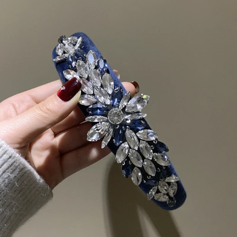 Luxury Full Colorful Diamond Banquet Headband Headpiece for Women Navy Blue Velvet Hair Hoop Hairband Bride Headwear Accessory