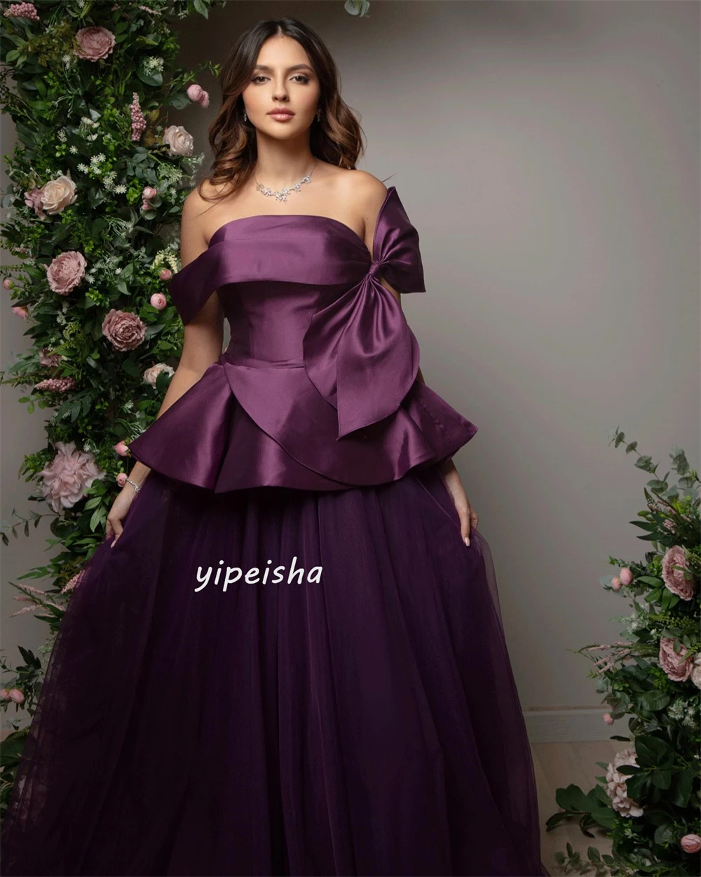 Customized Evening Satin Bow Draped Cocktail Party A-line Off-the-shoulder Bespoke Occasion Gown Long Dresses Saudi Arabia