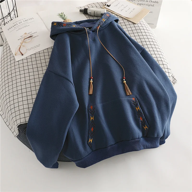 

2023 Women's New Drawstring Hooded Hoodies Ladies Embroidery Big Pocket Loose Sweatshirts Harajuku Casual Pullovers