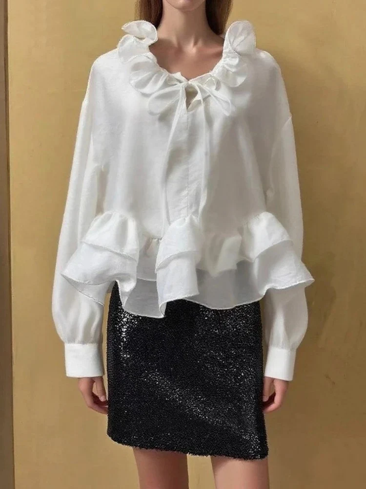 

Корейская шикарная однотонная женская рубашка, темпераментные свободные женские топы с рюшами на воротнике, бандажные универсальные блузки 2025 Blusas Mujer De Moda