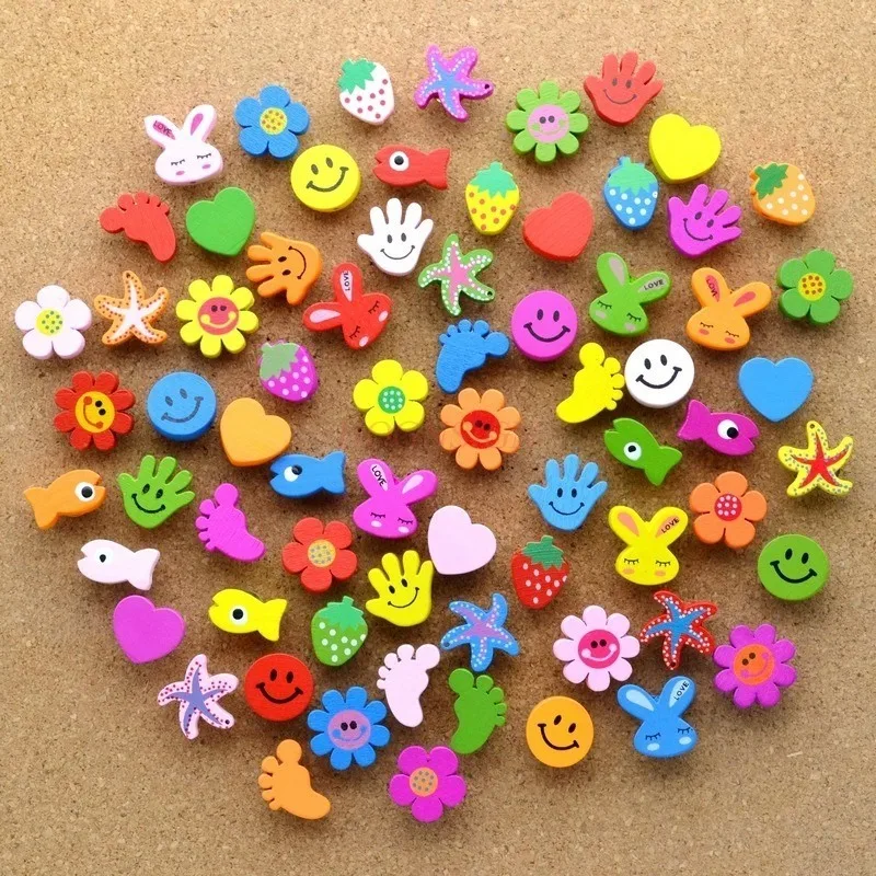 70pcs Wooden Cute Cartoon Nailable Wall Button with I-shaped Creative Soft Wooden Board Push Pin