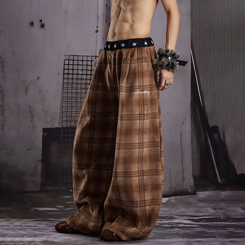 LUZHEN 2026 New Plaid Printed Pentagram Splicing Elastic Waist Loose Wide Leg Trousers Men Fashion Handsome Casual Pants JY8898