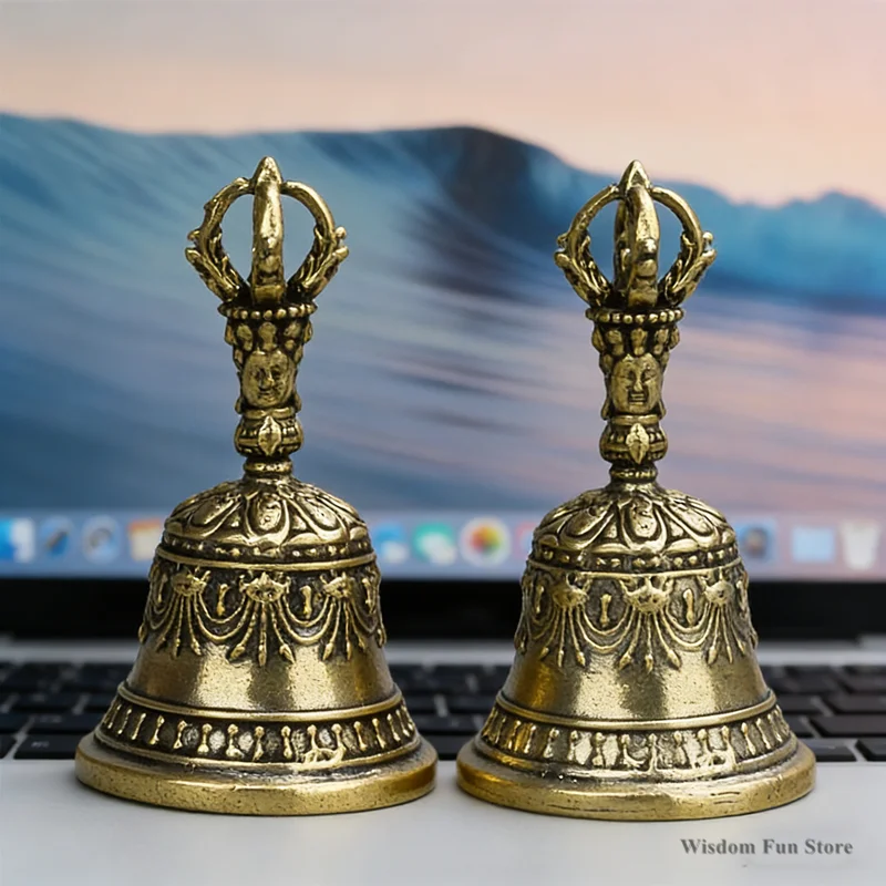 1 cloche de prière portative en bronze sculptée avec sonnette, cloche apaisante pour la guérison sonore, pour mariage, décoration de festival scolaire