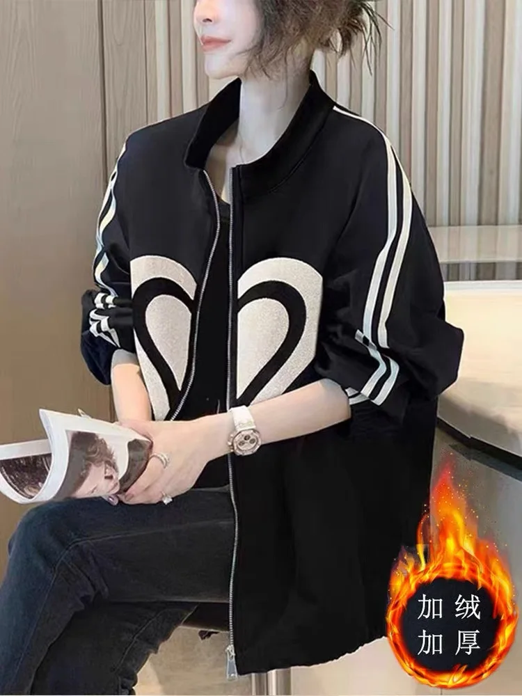 

plus Size Fce Lined Thiened Baseball Jaet Women's Autumn Winter Faion Loose Long Sve Top Commute Sle Zipper Design