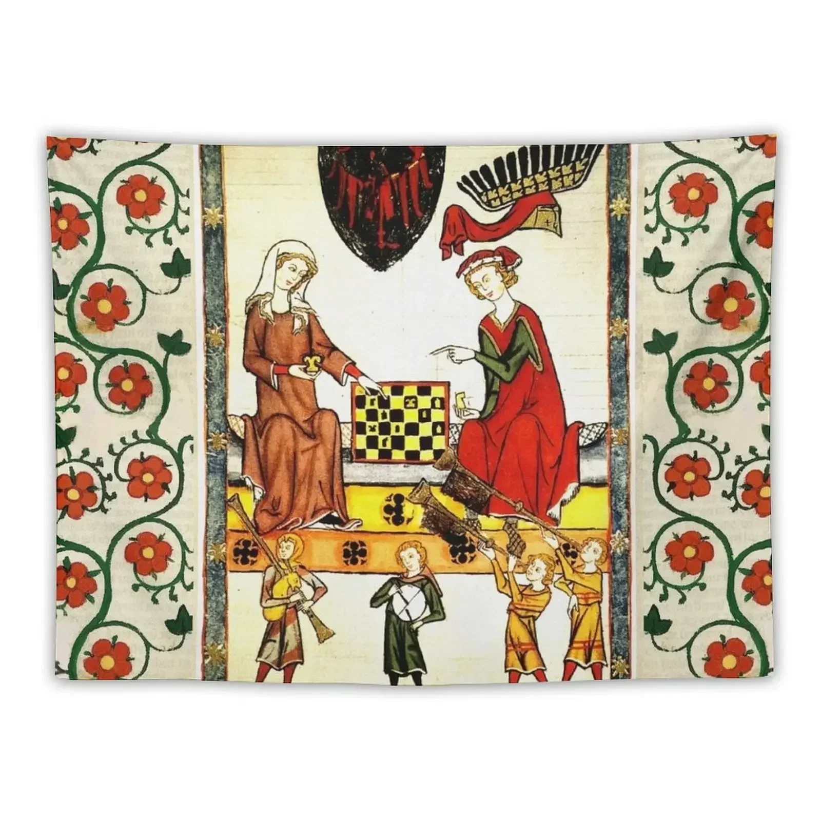 

MEDIEVAL CHESS PLAYERS IN COURT WITH MUSICIANS AND RED WILD ROSES Tapestry Wall Carpet Room Decor Tapestry