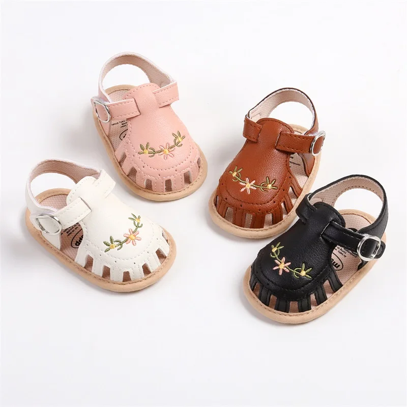 Baby Girl Sandals PU Leather Non-slip Embroidery Flower Summer Flats Toddler Shoes for Casual Daily