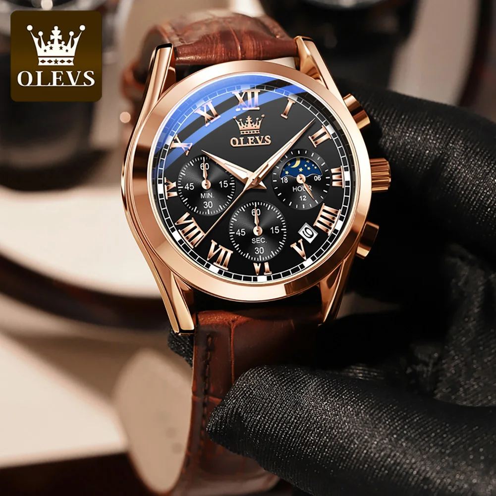 OLEVS 2871 Men Watches Brown Leather Top Brand Luxury Date Waterproof Luminous Chronograph Quartz Watch Men Relogio Masculino