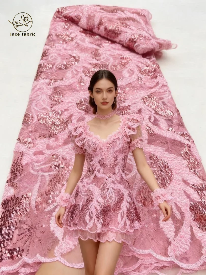 

Элегантная французская сетка с блестками и вышивкой, тюль, кружевная ткань, африканские нигерийские женские розовые кружевные ткани для шитья свадебных платьев