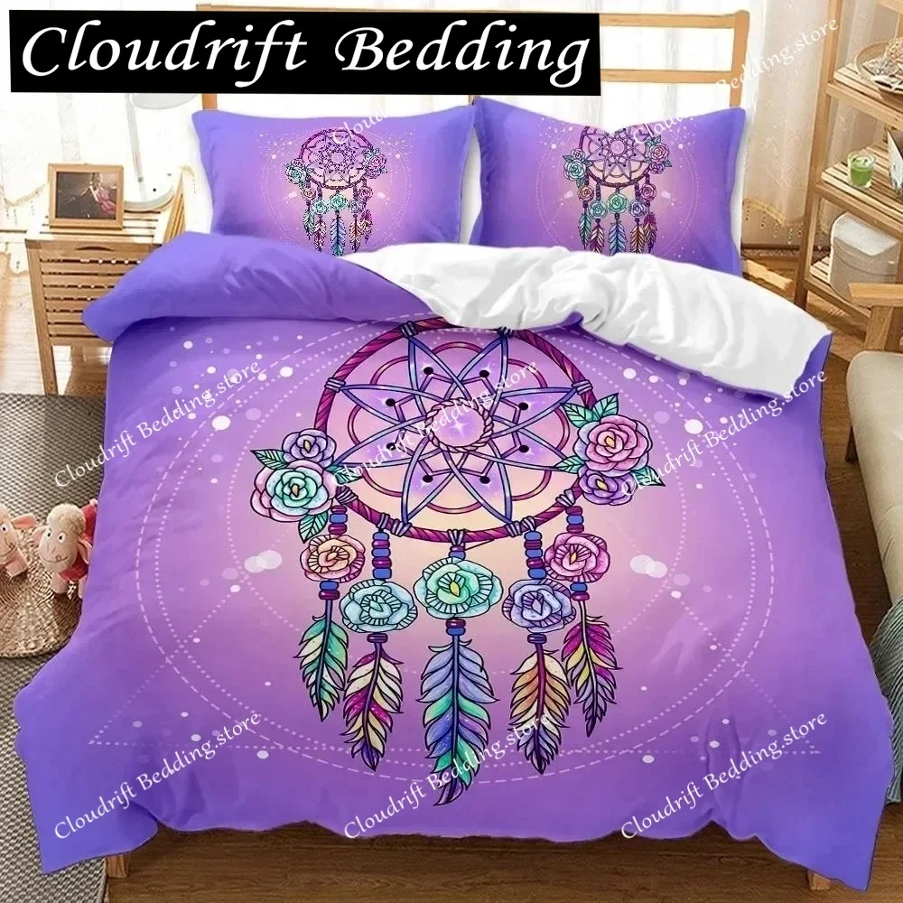 3D Print Dream Catcher Duvet Cover Feather Purple Dream Catcher Bedding Symbol Exotic Polyester Double Queen King Quilt Cover