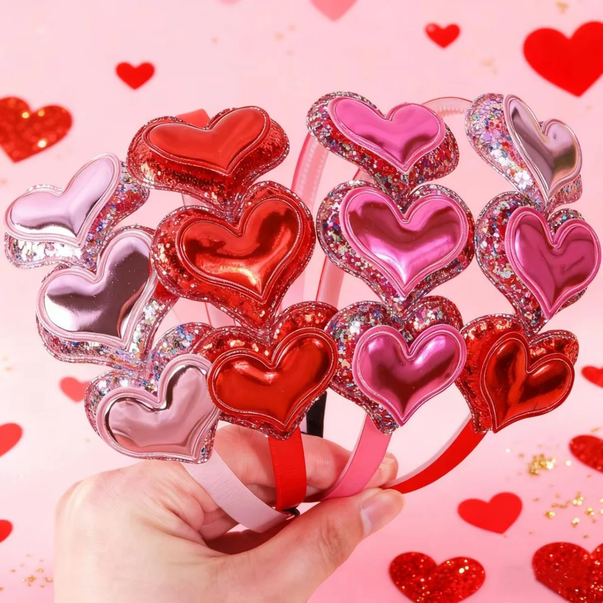 1/4pcs Sweet Heart Headbands for Girls Valentine's Day Hairbands Kids Double Glitter Heart Headband for Party Hair Accessories