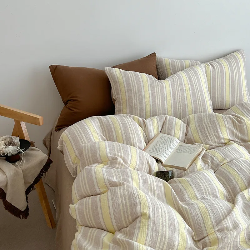 

Japanese Skin-Friendly Cotton Striped Bedding Sets Breathable Non Fading Fitted Sheet Set Queen/king Size Bedroom Decoration