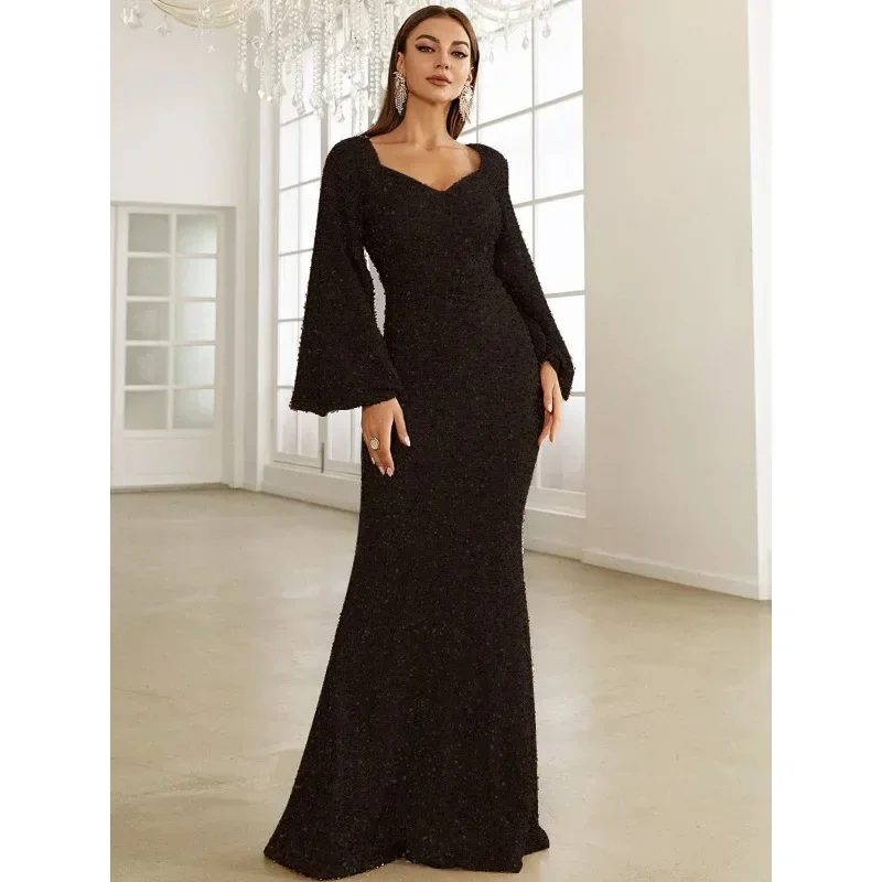 Elegant Women Sequins Corset Party Dress Sexy Fashion Flare Long Sleeve V Neck High Waist Mermaid Evening Graduation Dress Gown