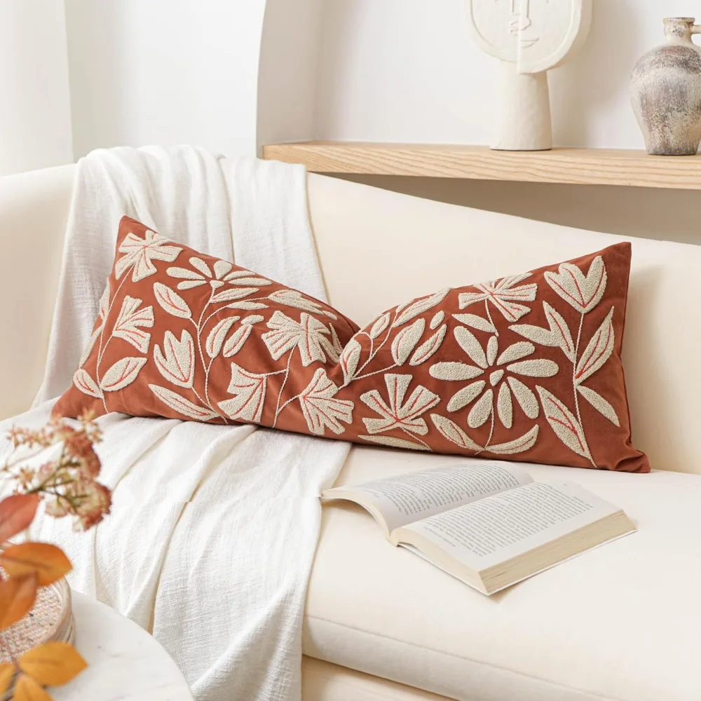 

BlissBlush Fall Throw Pillow Cover 14x36 Long Lumbar Throw Pillow for Bed, Rust Brick Red Soft Velvet Accent Farmhouse Body Lumb
