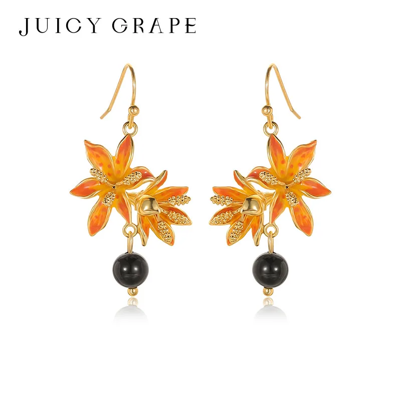 Juicy Grape Hand-Painted Enamel Earrings with Blackberry Lily Flower Design Black Onyx Pearl Floral Dangle Drop Jewelry for Wome