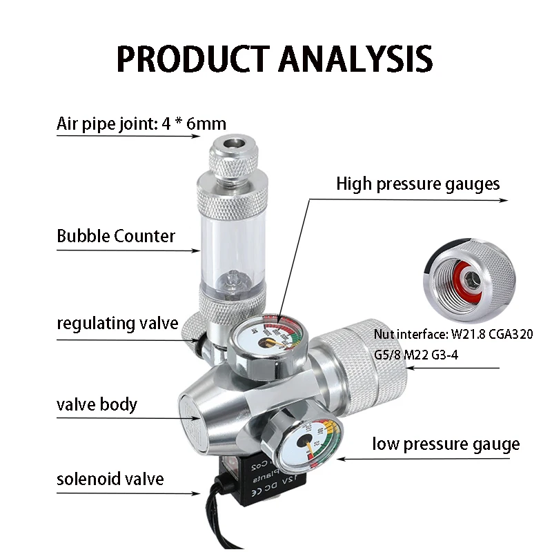 AC100-240V Aquarium CO2 Regulator Electromagnetic Valve Bubble Counter CO2 Control System Fish Tank CO2 Pressure Reducing Valve