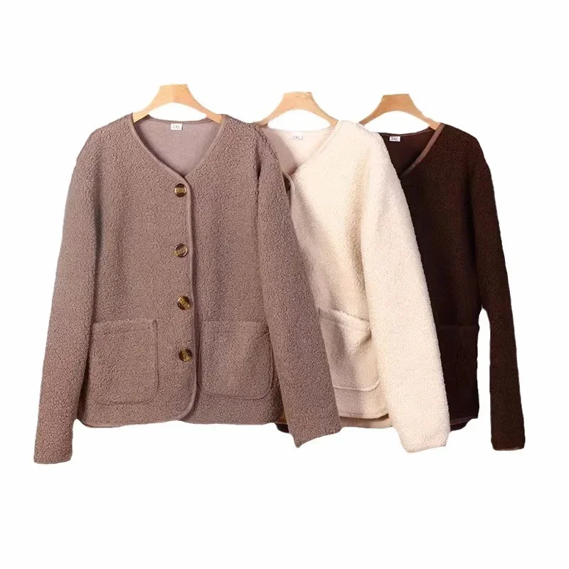 Nadměrná velikost, nový styl, korejská verze, dámská bunda z jehněčí vlny, podzimní volný střih, drobný sametový kardigan z ovčí vlny, jednobarevný... - náhled 5