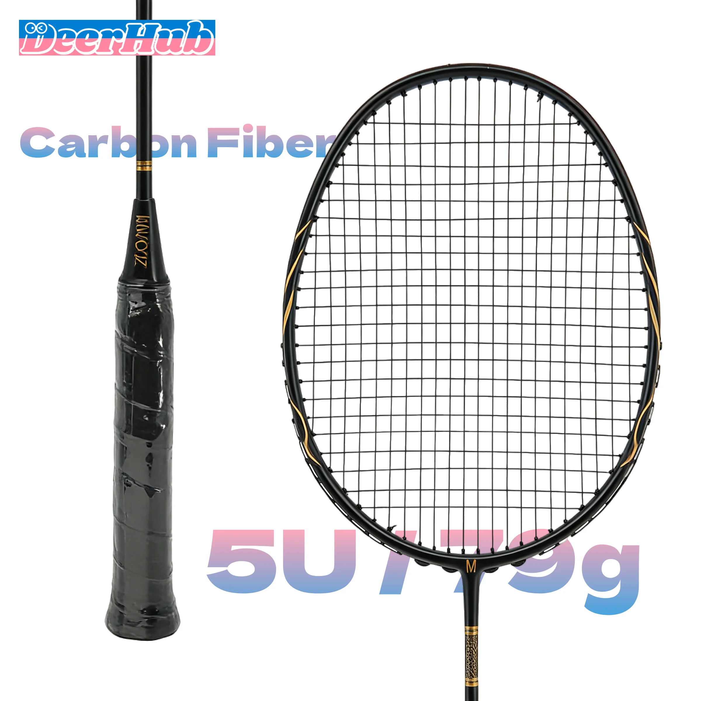 Carbon Fiber Badminton Racket 5U 79g Durable High Repulsion All-Round One-Piece Black Design for Adults Students by DeerHub