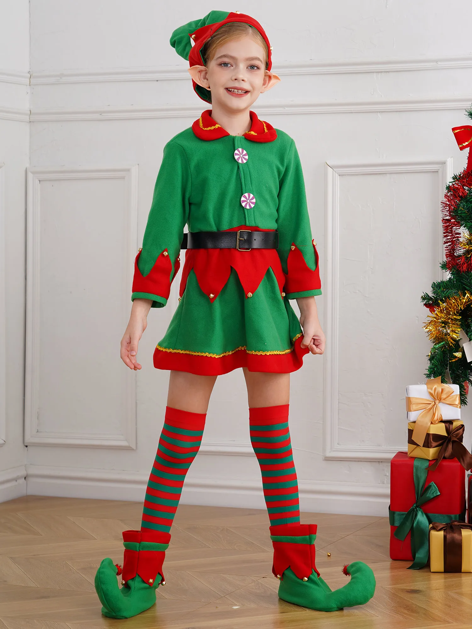 Girls Christmas Elf Cosplay Costume Dress with Hat Silicone Ears Belt Stockings Shoes Covers for Halloween Xmas Carnival Party