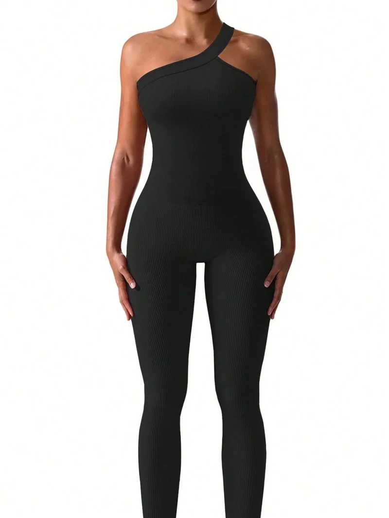 Women Knit One Shoulder Yoga Jumpsuit Solid Color Workout Ribbed Sport Jumpsuits Casual One Piece - Image 5