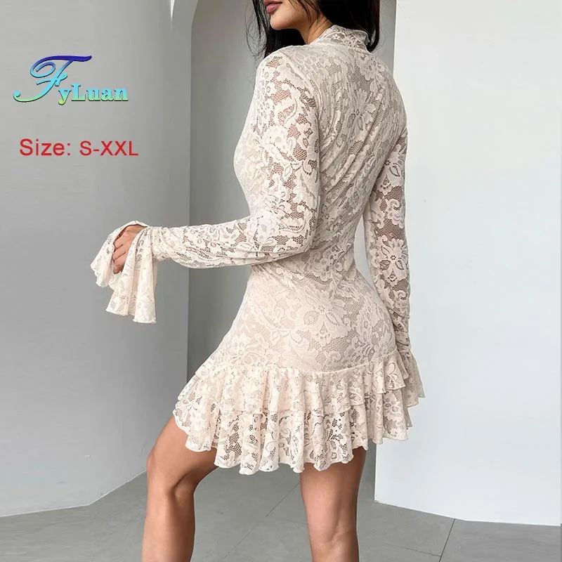 Neue Frauen Kleidung Sexy Spitze A-Line Kleid Tiefem V-ausschnitt Doppel Rüschen Kurzes Kleid Einfarbig Abnehmen Geburtstag Outfit Prom Kleider