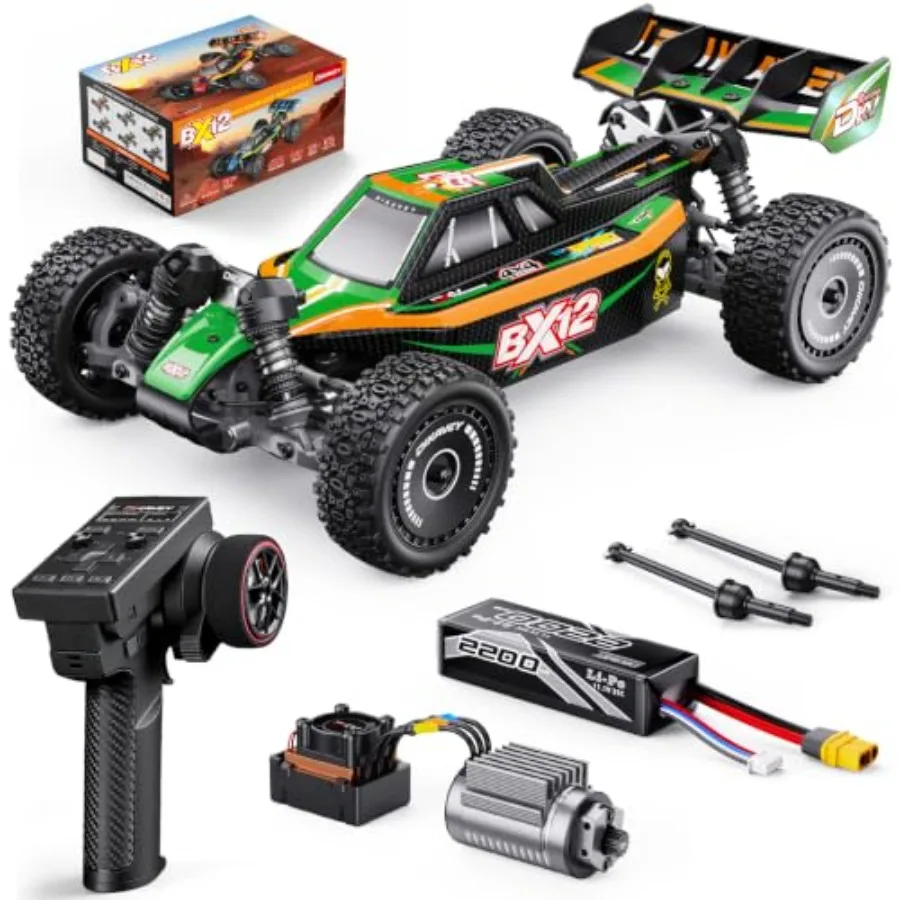 Remote control car for adults, brushless 1/12 off-road RC buggy, black and red, 42 MPH max speed with 3S 2200 mAh battery and 4