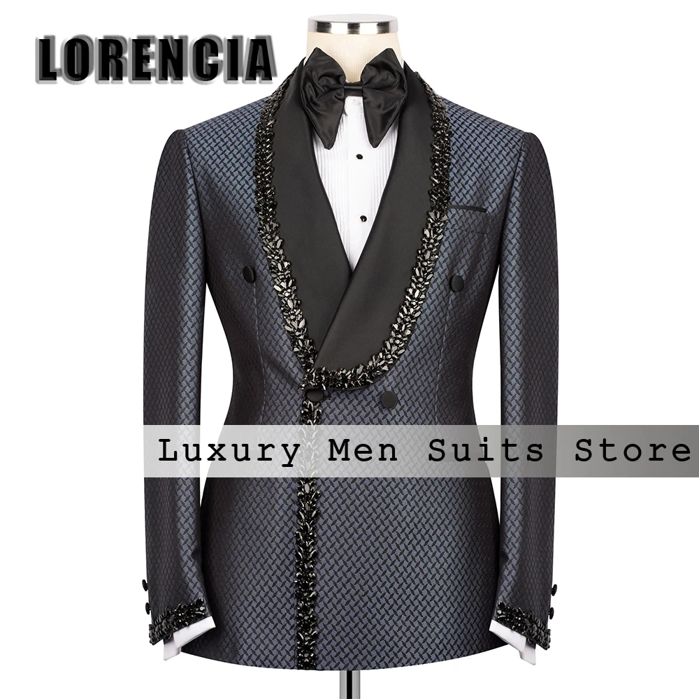

Slim Fit Crystal Male Suits 2 Pieces Jacquard Double Breasted Wedding Party Outfits Customized Blazer traje juvenil masculino