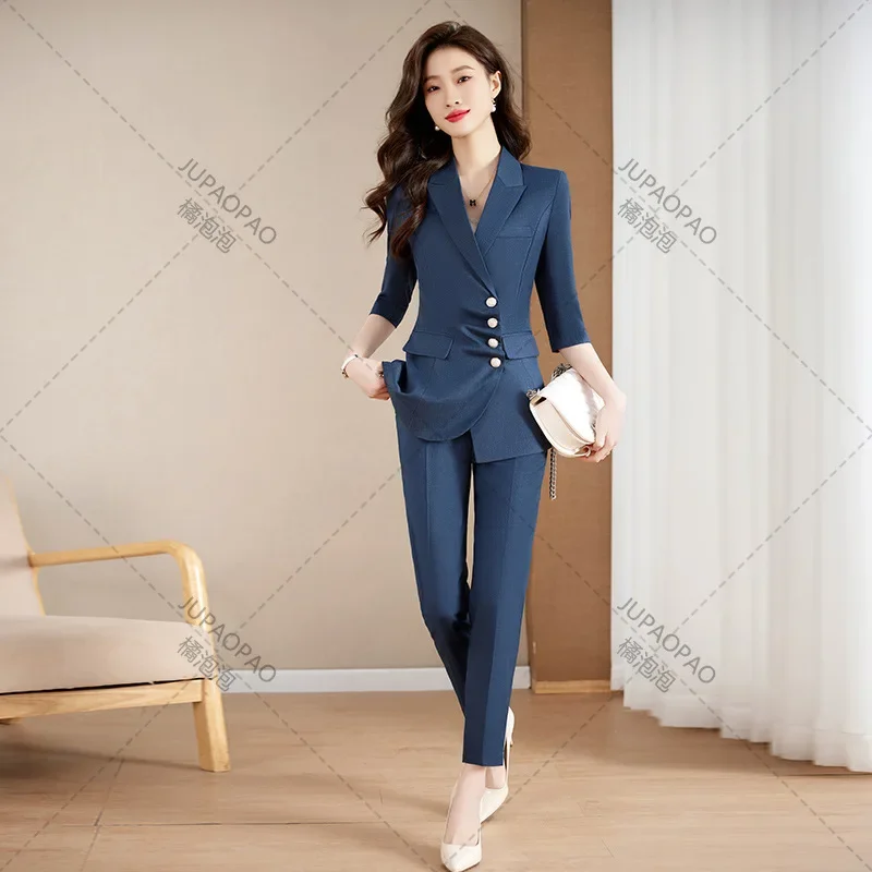 Women's Half Sleeve Slim Blazer and Pant Sets, Blue Suits Professional Temperament, Office Ladies Work Wear, Summer Fashion, New