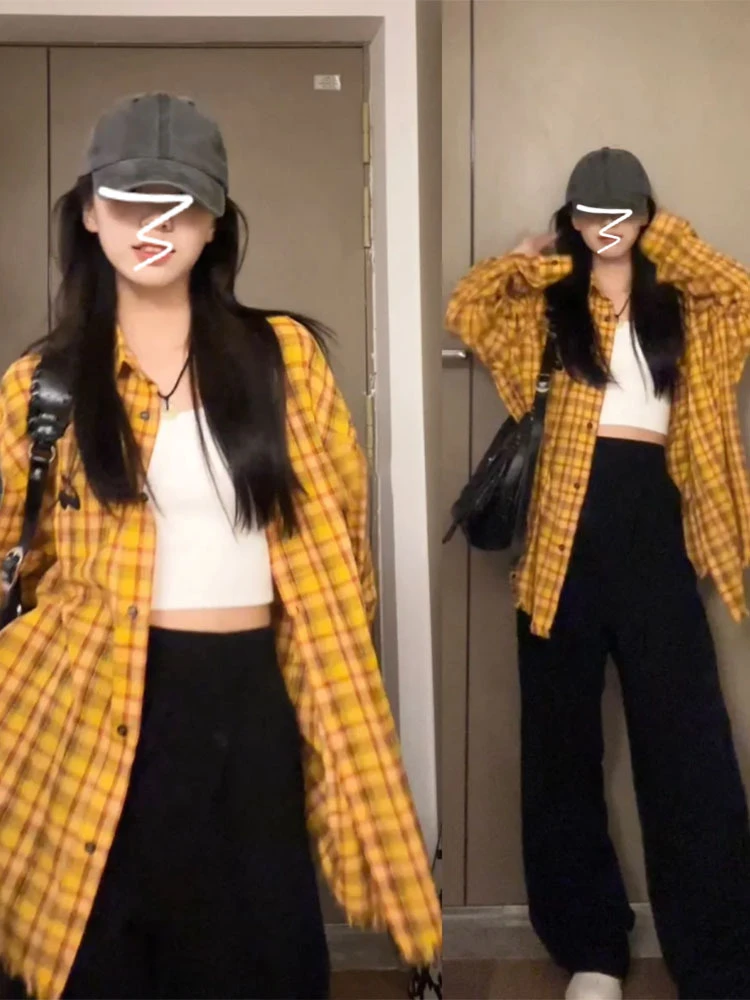 Coréen Sle Jaune Plaid irt Jaet Femmes Printemps Automne Mince Long Sve Top Paresseux Sle Crème Solaire irt Coton Polyester...