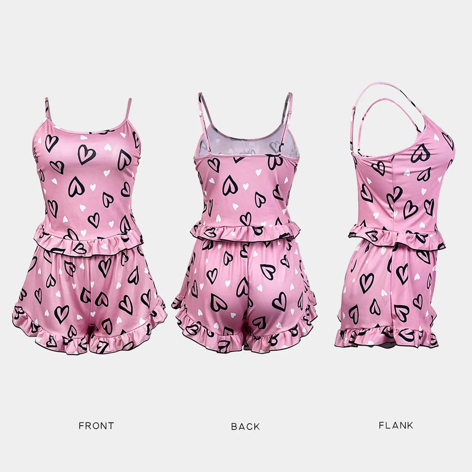 Womens\' Summer Ice Silk Pink Printed Love Pajama Sexy Strap Shorts Home Clothes Set