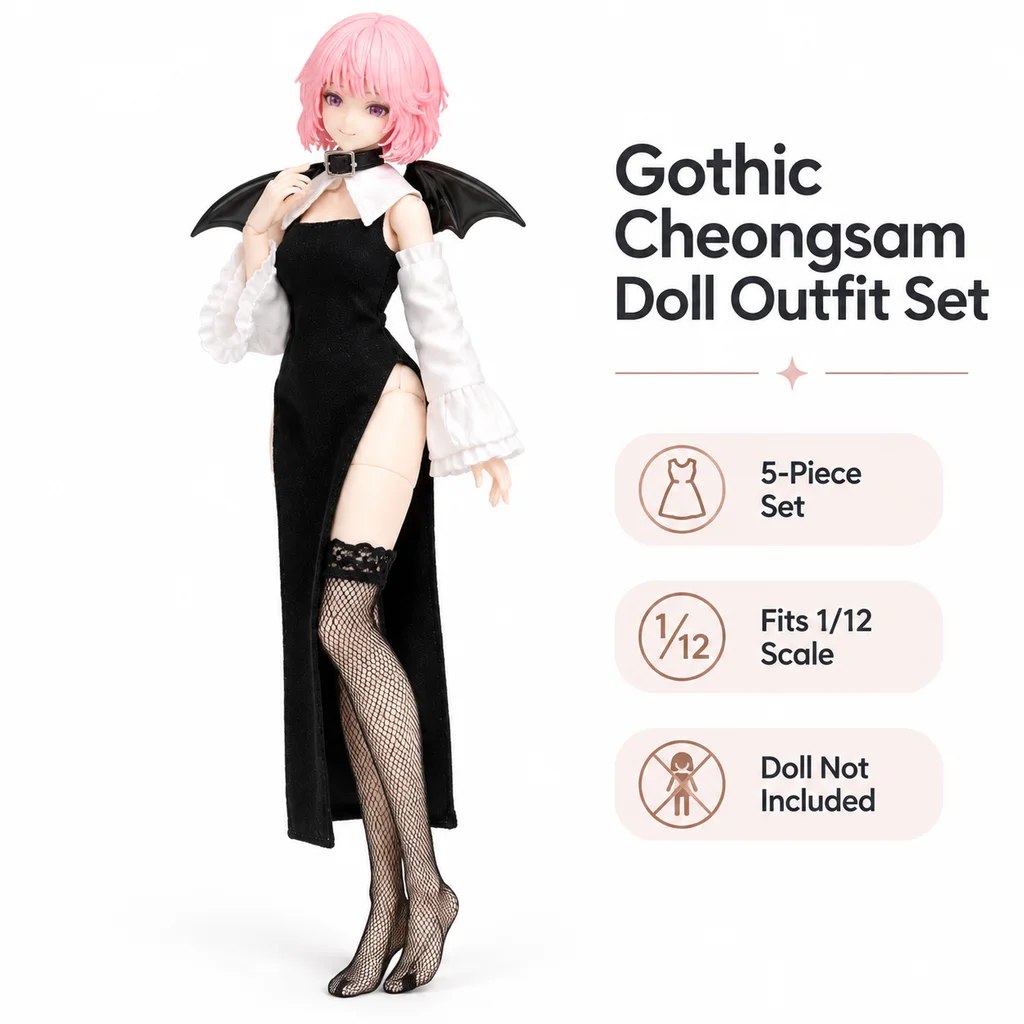 Black High Slit Cheongsam Suit with Little Devil Wings 12 Points BJD Snail Shell Erin Iron Machine Girl Style for Cosplay