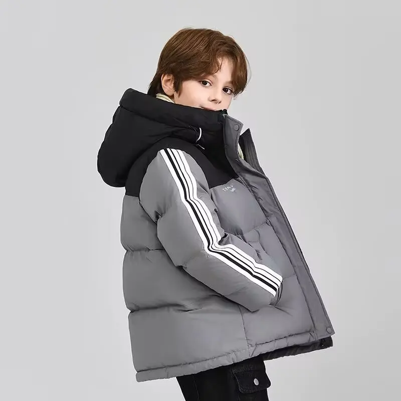 Thicken Warm Hooded Junior Boys Coat Winter Children Girl Down Jacket Loose Solid Stripe Sleeve ToddlerBoys Snowsuit